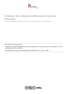 B. Geissler, Der Umfang des Stoffschutzes fur chemische Erfindungen - note biblio ; n°4 ; vol.26, pg 923-924