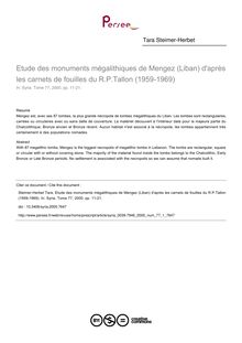 Etude des monuments mégalithiques de Mengez (Liban) d après les carnets de fouilles du R.P.Tallon (1959-1969) - article ; n°1 ; vol.77, pg 11-21