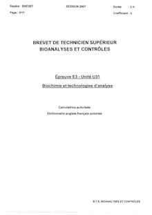 Biochimie et technologies d analyse 2007 BTS Bioanalyses et contrôles