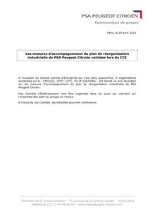 Les mesures d’accompagnement du plan de réorganisation industrielle de PSA Peugeot Citroën validées lors du CCE