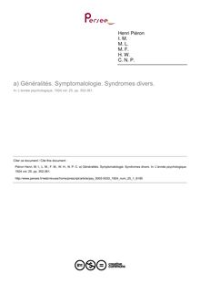 Généralités. Symptomalologie. Syndromes divers. - compte-rendu ; n°1 ; vol.25, pg 352-361