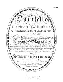 Partition hautbois (instead of clarinette), quintette, Op.8, Quintet for Clarinet (or Oboe) 2 Violins, Viola, and Cello, Op.8