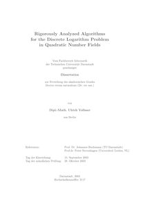 Rigorously analyzed algorithms for the discrete logarithm problem in quadratic number fields [Elektronische Ressource] / von Ulrich Vollmer