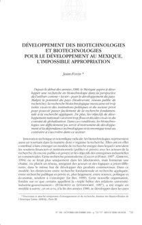 Développement des biotechnologies et biotechnologies pour le développement au Mexique, l impossible appropriation - article ; n°188 ; vol.47, pg 721-737