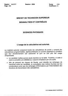 Btsbiocon 2006 sciences physiques et chimiques sciences physiques et chimiques 2006