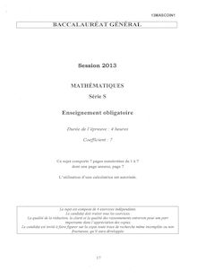Sujet du Bac S 2013: mathématiques obligatoire (Pondichéry)