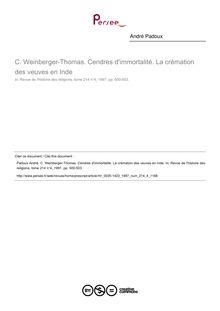C. Weinberger-Thomas. Cendres d immortalité. La crémation des veuves en Inde  ; n°4 ; vol.214, pg 500-503