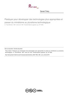 Plaidoyer pour développer des technologies plus appropriées et passer du mimétisme au pluralisme technologique - article ; n°88 ; vol.22, pg 877-884