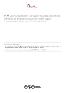 M. M. Letemendia, Retrait et abrogation des actes administratifs individuels en droit communautaire et en droit anglais - note biblio ; n°1 ; vol.40, pg 289-292