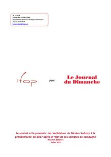 IFOP : Le souhait et le pronostic de candidature de Nicolas Sarkozy à la présidentielle de 2017 après le rejet de ses comptes de campagne