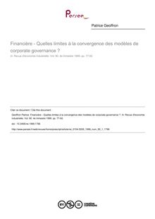 Financière - Quelles limites à la convergence des modèles de corporate governance ? - article ; n°1 ; vol.90, pg 77-92