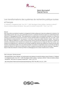 Les transformations des systèmes de recherche publique suisse et français - article ; n°1 ; vol.20, pg 31-47