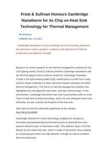 Frost & Sullivan Honours Cambridge Nanotherm for its Chip on Heat Sink Technology for Thermal Management