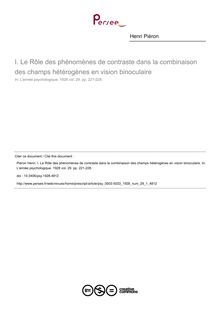 Le Rôle des phénomènes de contraste dans la combinaison des champs hétérogènes en vision binoculaire - article ; n°1 ; vol.29, pg 221-228
