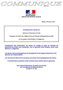 Dammartin - Communiqué de la Préfecture sur l évacuation des Etablissements Scolaires