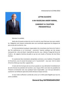 Général Guy Ratrimoarivony : Lettre ouverte à Andry Rajoelina