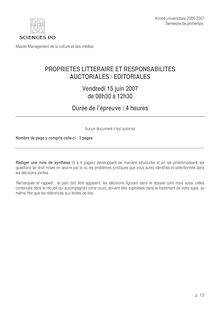 Propriétés littéraires et responsabilités auctoriales / éditoriales 2007 Master Management Culture et Médias IEP Paris - Sciences Po Paris
