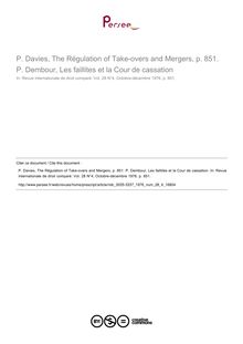 P. Davies, The Régulation of Take-overs and Mergers, p. 851. P. Dembour, Les faillites et la Cour de cassation - note biblio ; n°4 ; vol.28, pg 851-851