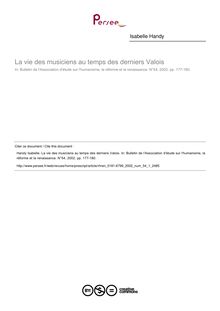 La vie des musiciens au temps des derniers Valois  ; n°1 ; vol.54, pg 177-180
