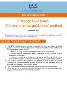 Recommandations pour la pratique clinique (RPC) - Guideline by CPG method - Quick methodology guide - 4 pages