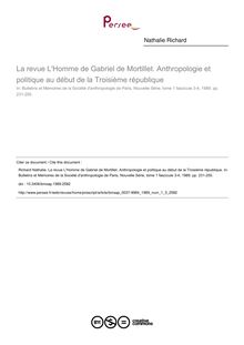 La revue L Homme de Gabriel de Mortillet. Anthropologie et politique au début de la Troisième république - article ; n°3 ; vol.1, pg 231-255