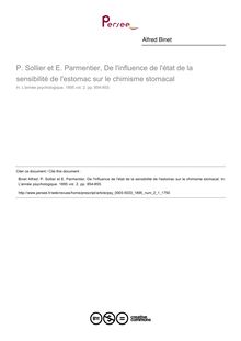 P. Sollier et E. Parmentier, De l influence de l état de la sensibilité de l estomac sur le chimisme stomacal - compte-rendu ; n°1 ; vol.2, pg 854-855