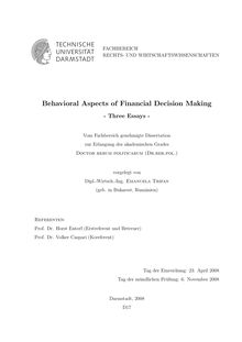 Behavioral aspects of financial decision making [Elektronische Ressource] : three essays / vorgelegt von Emanuela Trifan