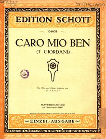 Partition de piano et flûte , partie, Caro Mio Ben, My Dear, Come (Thou, All My Bliss)