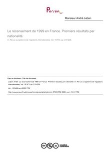 Le recensement de 1999 en France. Premiers résultats par nationalité - article ; n°3 ; vol.16, pg 219-226