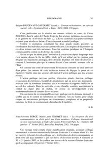 Brigitte Basdevant-Gaudemet (coord.). Contrat ou Institution : un enjeu de société - note biblio ; n°3 ; vol.56, pg 767-767