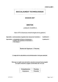 Breton LV2 2007 S.T.G (Gestion des Systèmes d Information) Baccalauréat technologique