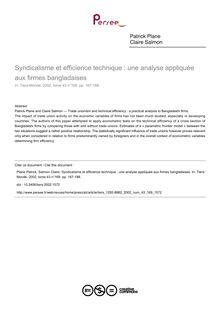 Syndicalisme et efficience technique : une analyse appliquée aux firmes bangladaises - article ; n°169 ; vol.43, pg 167-188