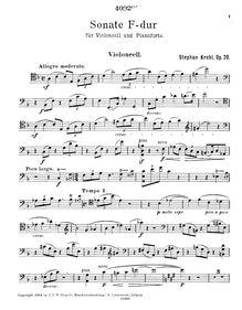 Partition de violoncelle, violoncelle Sonata, Op.20, F Major