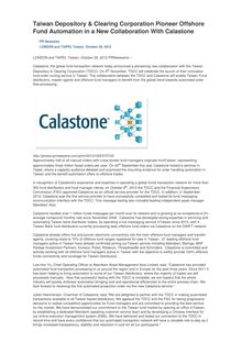 Taiwan Depository & Clearing Corporation Pioneer Offshore Fund Automation in a New Collaboration With Calastone