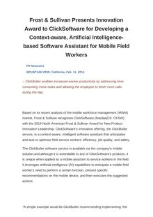 Frost & Sullivan Presents Innovation Award to ClickSoftware for Developing a Context-aware, Artificial Intelligence-based Software Assistant for Mobile Field Workers