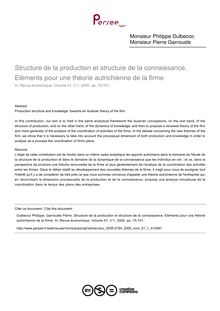 Structure de la production et structure de la connaissance. Eléments pour une théorie autrichienne de la firme - article ; n°1 ; vol.51, pg 75-101