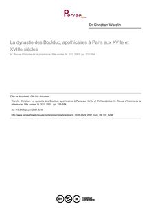 La dynastie des Boulduc, apothicaires à Paris aux XVIIe et XVIIIe siècles - article ; n°331 ; vol.89, pg 333-354