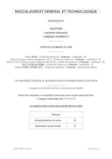 Bac 2015: sujet LV2 général et technologique écrit d occitan (variante limousin)