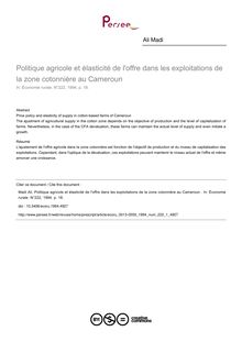 Politique agricole et élasticité de l offre dans les exploitations de la zone cotonnière au Cameroun  - article ; n°1 ; vol.222, pg 18-18