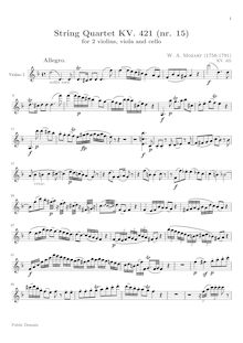 Partition violon 1, corde quatuor No.15, D minor, Mozart, Wolfgang Amadeus