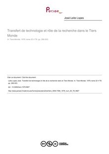Transfert de technologie et rôle de la recherche dans le Tiers Monde - article ; n°78 ; vol.20, pg 295-303