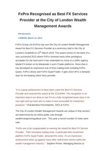 FxPro Recognised as Best FX Services Provider at the City of London Wealth Management Awards