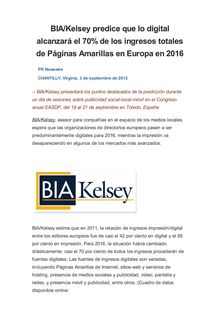 BIA/Kelsey predice que lo digital alcanzará el 70% de los ingresos totales de Páginas Amarillas en Europa en 2016