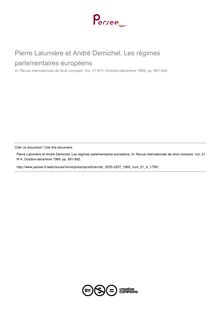 Pierre Lalumière et André Demichel, Les régimes parlementaires européens - note biblio ; n°4 ; vol.21, pg 891-892