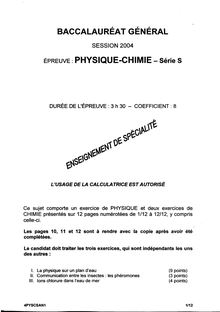 Physique-Chimie Specialité 2004 Scientifique Baccalauréat général