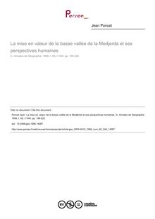 La mise en valeur de la basse vallée de la Medjerda et ses perspectives humaines - article ; n°349 ; vol.65, pg 199-222