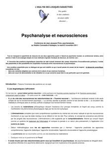 Psychanalyse et Neurosciences (Conférence publique)