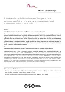 Interdépendance de l investissement étranger et de la croissance en Chine : une analyse sur données de panel - article ; n°1 ; vol.49, pg 151-163