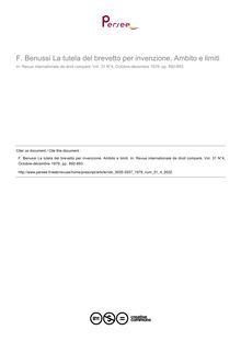 F. Benussi La tutela del brevetto per invenzione. Ambito e limiti - note biblio ; n°4 ; vol.31, pg 892-893