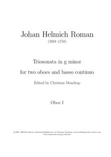 Partition hautbois/violon I, Trio Sonata en G minor, G minor, Roman, Johan Helmich